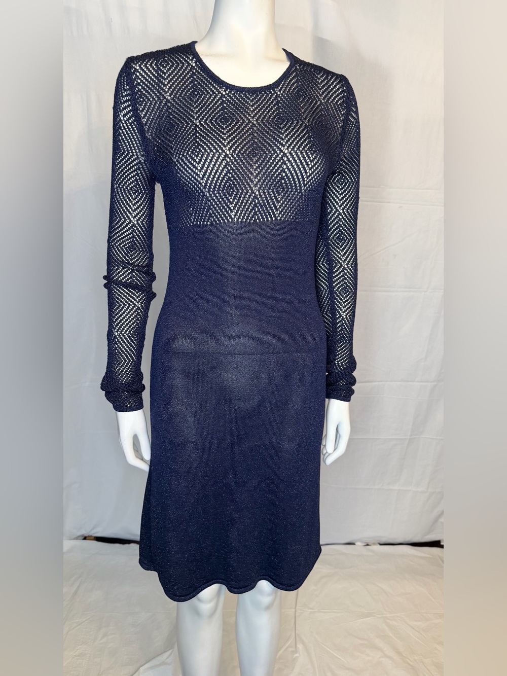 Iceberg Navy Geometric Sheer Knit Midi Dress